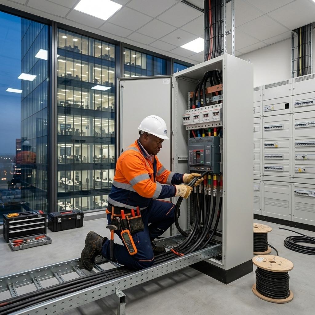 Technicien JT Service intervenant sur un tableau électrique tertiaire