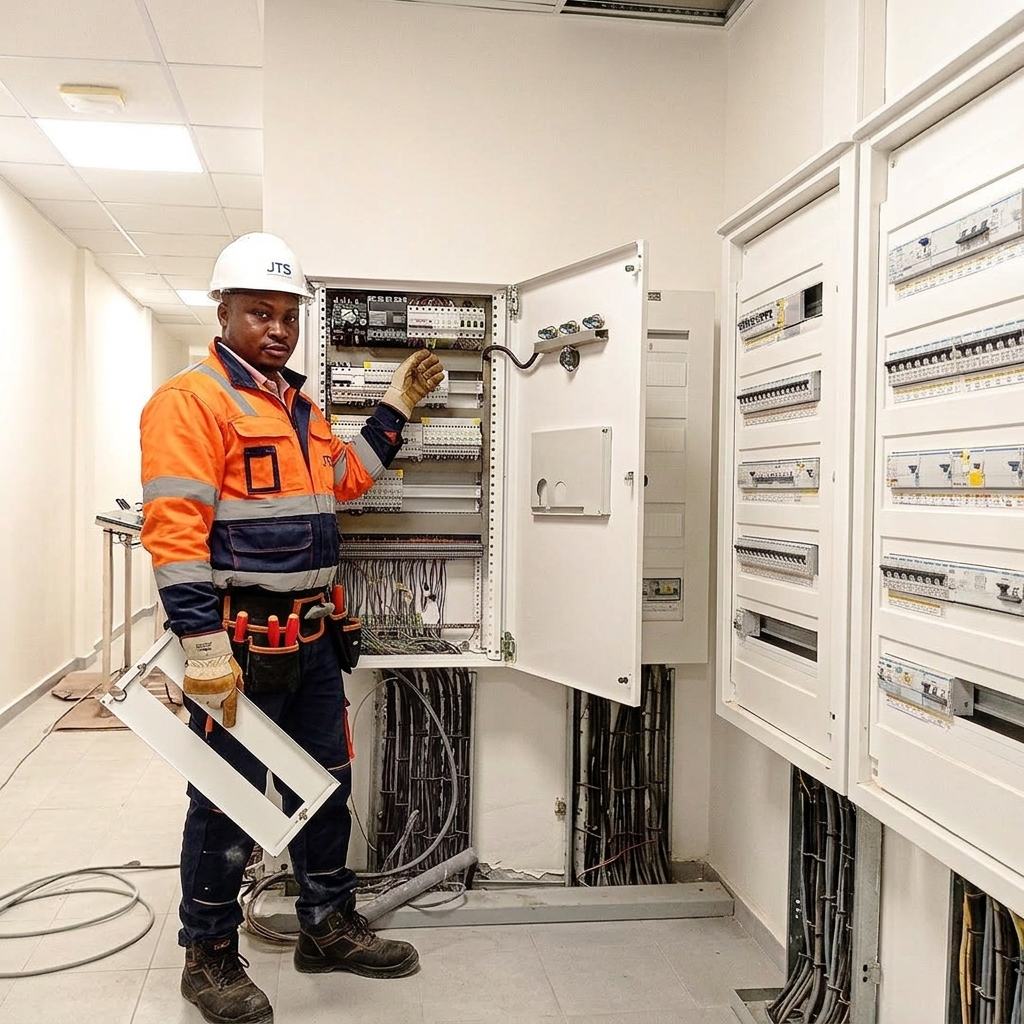 Technicien JT Service devant une armoire électrique industrielle