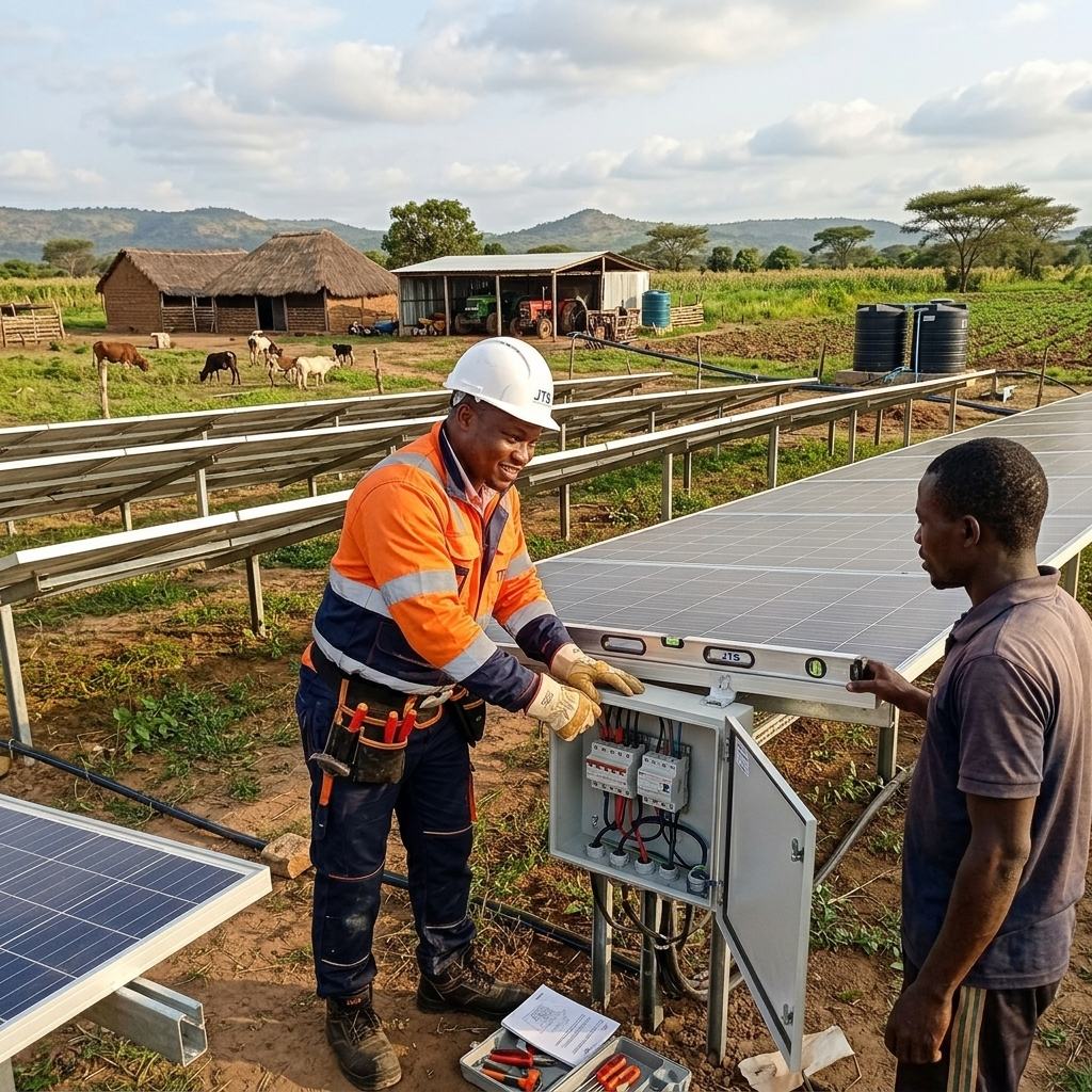 Technicien JT Service sur une installation photovoltaïque au sol