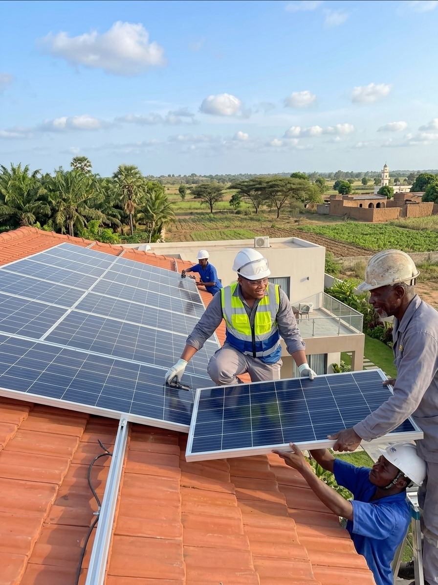 Techniciens JT Service posant des panneaux solaires sur une toiture en tuiles