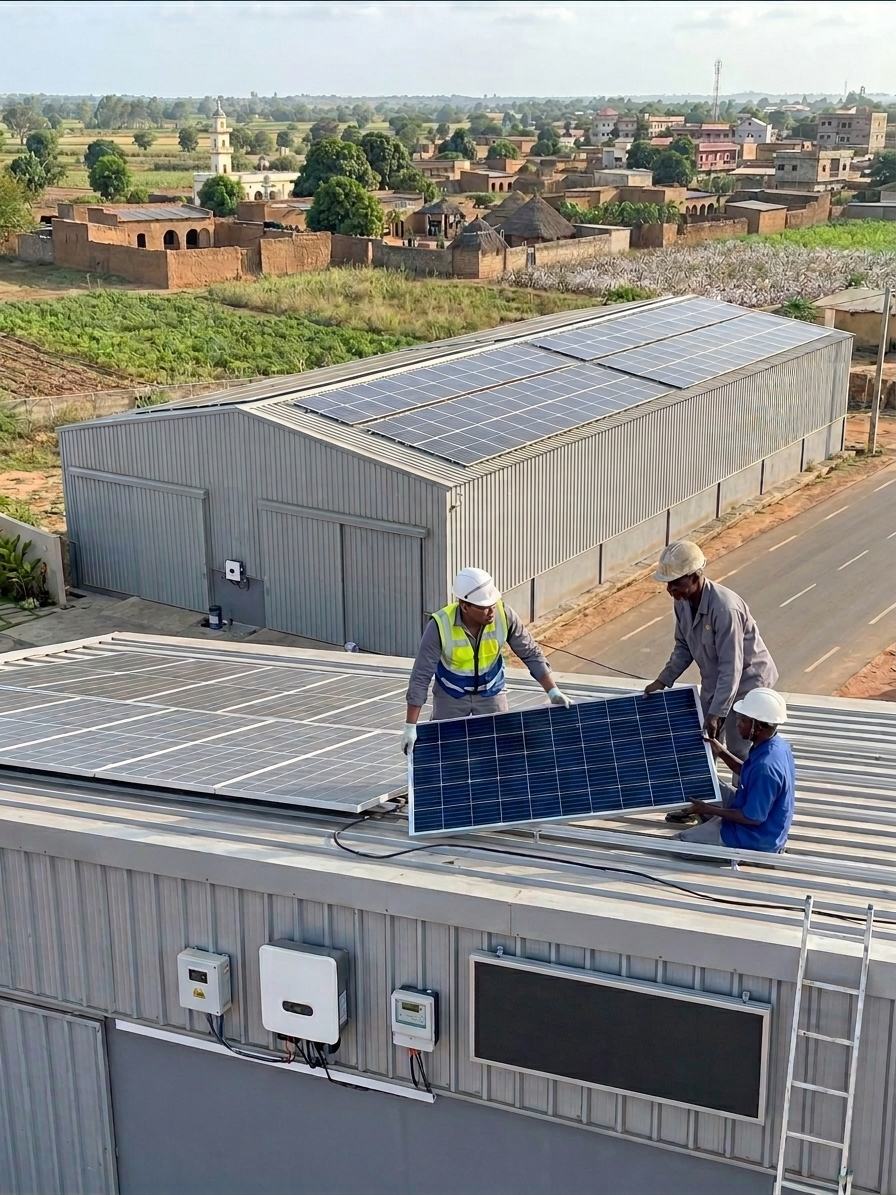Techniciens JT Service posant des panneaux solaires sur la toiture métallique d'un atelier