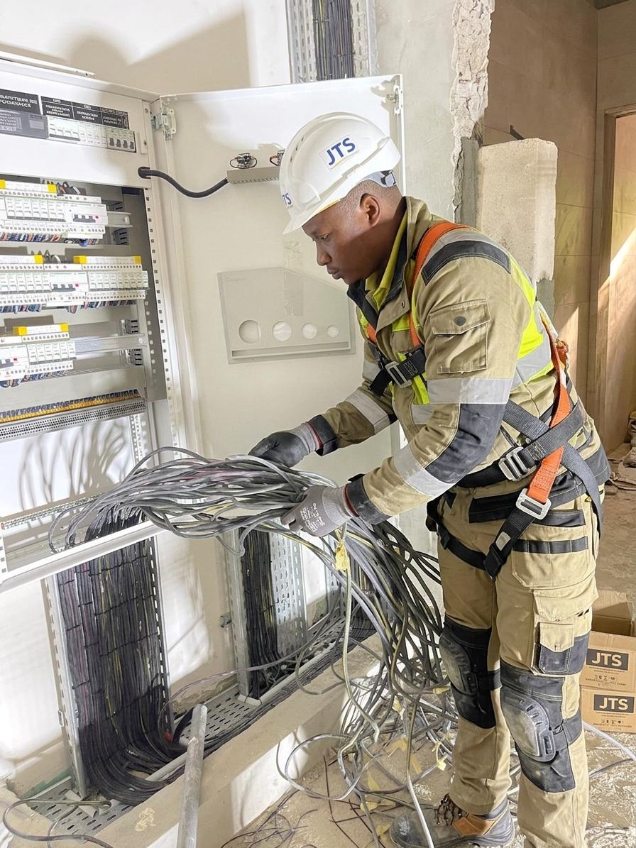 Technicien JT Service raccordant les câbles d'un tableau électrique neuf