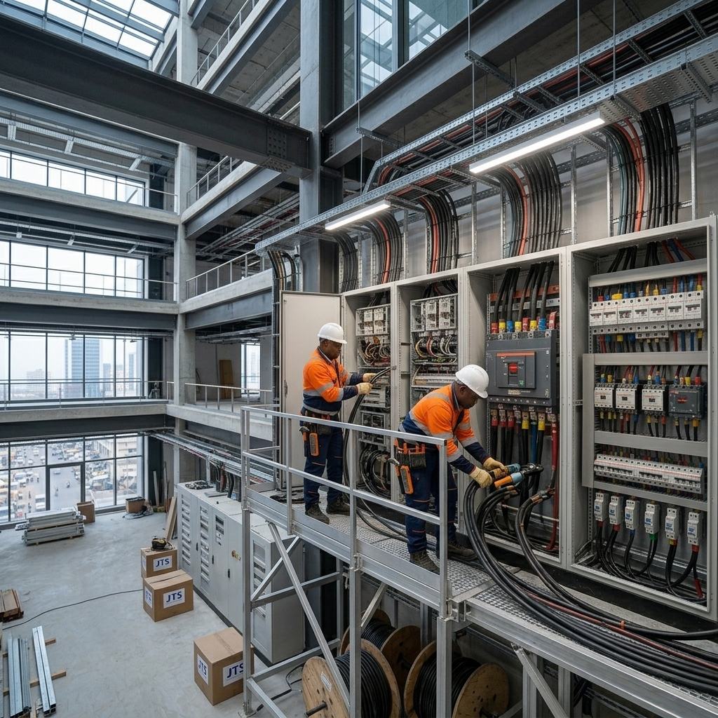 Techniciens JT Service câblant une armoire électrique sur un site industriel