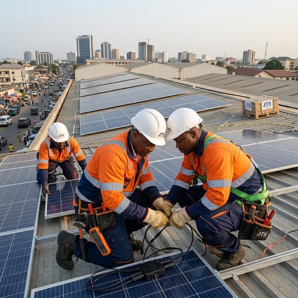 Techniciens JT Service installant des panneaux solaires en toiture à Cotonou