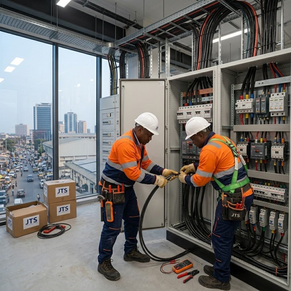 Techniciens JT Service raccordant une armoire électrique dans un immeuble de bureaux